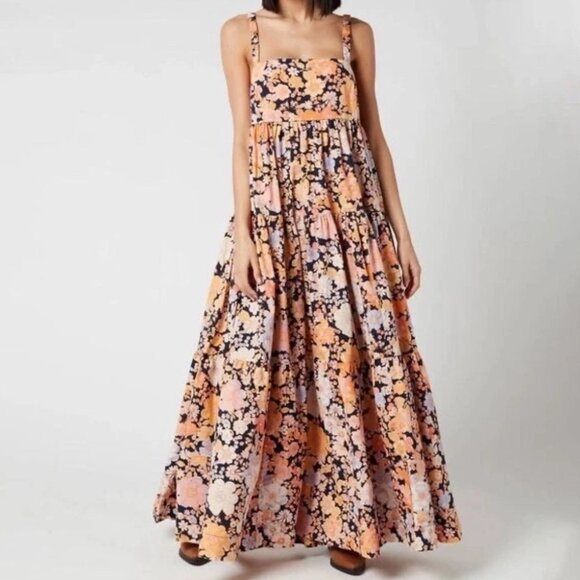 Free People Park Slope Floral Cotton Maxi Dress Navy Boho S - Picture 3 of 10